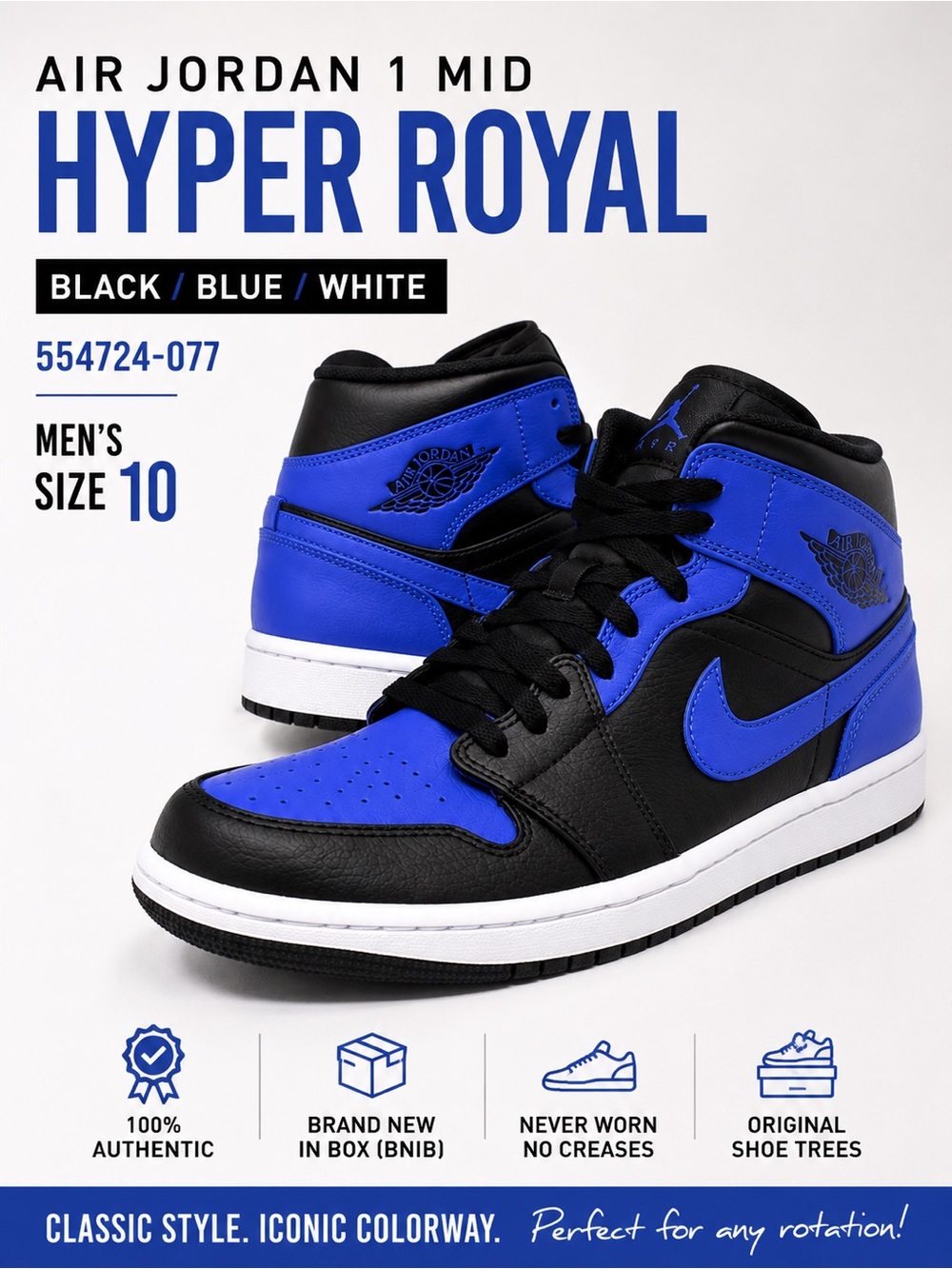 Air Jordan 1 Mid Hyper Royal 554724-077 BNIB Men’s 10